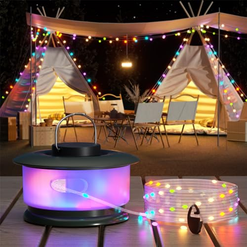 Hokone Camping Lichterkette Aufrollbar, 3-in-1 Wasserdichte Tragbare Outdoor Camping LED Lichterkette 10m,USB Aufladbar RGB Lichterkette Camping, Lichterkette für Zelt Vorzelt Festival