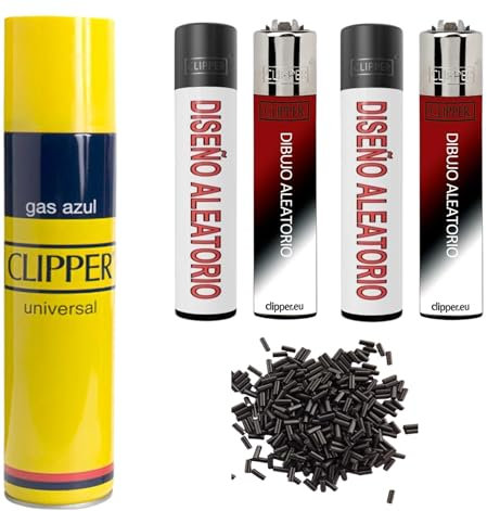 Clipper 4 Mecheros + 1 Botella Gas Azul 300 ml Gas Sirve para Recargar Soplete de Cocina + 9 Piedras de Mechero de Regalo Kit DISPAU Esencial