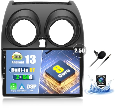 CAMECHO 8-Kern 2+64G Autoradio Android 13 für Nissan Qashqai J10 2006-2016, 9 Bildschirm Carplay Wireless Anrdoid Auto Bluetooth Stereo mit Navi WiFi GPS FM/RDS Mirror Link +Rückfahrkamera