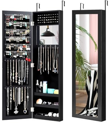 COSTWAY Armoire à Bijoux Murale/Suspendue 2 en 1 avec Miroir Antidéflagrant, Organisateur à Bijoux avec Espace de Rangement, Fermeture Magnétique, 31,5 x 8,5 x 110cm(Noir)