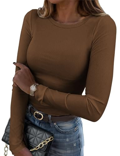 Zeagoo Womens Long Sleeve Tops Ribbed Slim Fit T-Shirt Casual Elegant Shirt Basic Tops Solid Color Tunic Tee Round Neck Top Crop Top Y2K Clothes Herbst Winter Brown XL