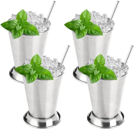 Fijinhom Julep-Becher mit Strohhalmen, Edelstahl, Perlen, Minze, Julep-Gläser für Cocktails, gemischte Getränke, Metallbecher für Bier, Saft, Getränke, Party, Bar, Zuhause, Restaurant, 340 ml, 4 Stück