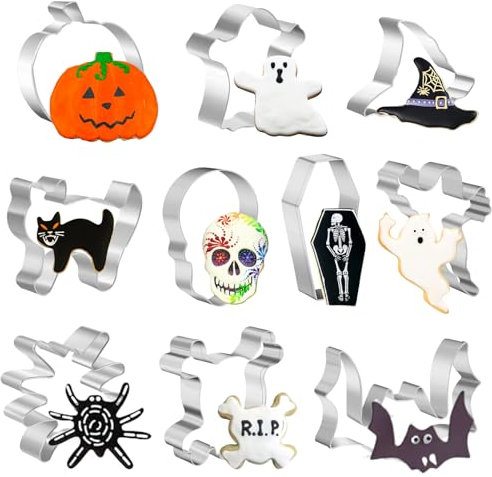 PTaizjjz Halloween-Ausstechformen-Set, 10 Stück, Edelstahl, Keksausstecher – Kürbis, Fledermaus, Geist, Katze, Hexenhut, Totenkopf, Spinne, Sarg, Ausstechformen für Halloween-Party-Dekorationen