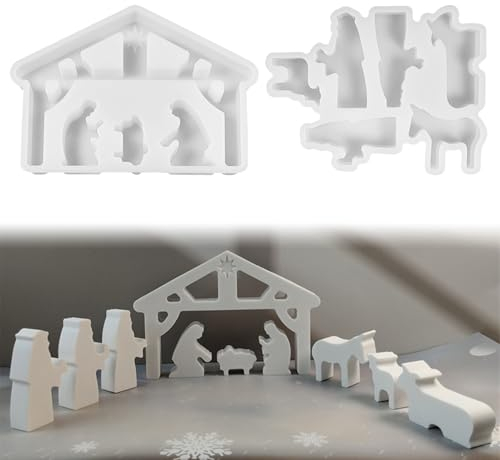 2 Stück Krippe Silikon Gießform, Silikonformen Gießformen, Krippe Set Gießformen Silikon, Silikonform Weihnachten, Krippenfiguren Gießform, Gießformen Silikon für DIY Handwerk, Heimdekoration (B)