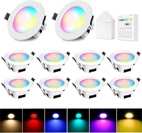 GEYUEYA Home Einbaustrahler Led 10er Set, Led Spots 230v 9W Kit RGBCW Bluetooth/WLAN Dimmbar, Mit Fernbedienung + Smart Bridge + Bedienfeld, Deckenspots, Spots Deckenleuchte