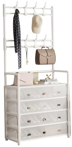 Rack de manteau avec rangement de chaussures, support de manteau avec porte-chaussures à rabat à 4 niveaux, chaussure à double rangée 8 crochets et porte-manteau avec cadre en métal pour salon d'entr