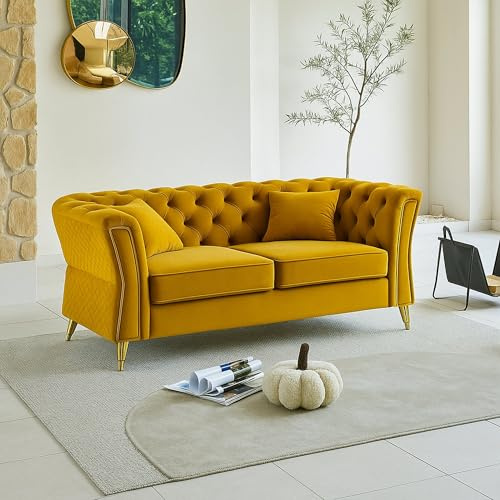 Dmora - 2-Sitzer festes Sofa Acre, lineares Sofa, Sofa für Wohnzimmer, Lineare Stoffstruktur, 162x83 h76 cm, Ocker und Gold