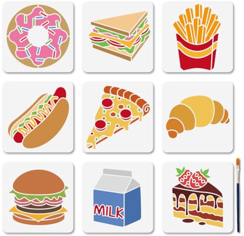 MAYJOYDIY 9 Stück Beliebte Malschablonen Für Lebensmittel 15 × 15cm Hamburger Hot Dogs Wiederverwendbare Schablonen Donuts Pommes Frites Zeichenschablonen Mit Pinsel Für Holz Möbel Wände Leinwand