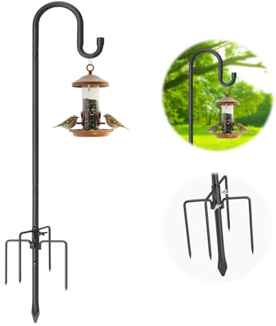 Bird Feeder Pole, 198 cm Double Shepherd's Hook, Heavy Duty Hummingbird Stand with 5-Prong, Rustproof Bird Feeder Hangers for Outside Hanging Birdfeeders, Wind Chimes, Lanterns, Solar Lights, Black