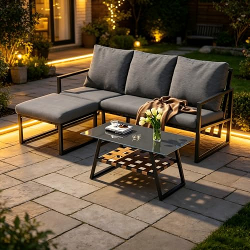 Soweiz Divano + tavolino + poggiapiedi, set di mobili da giardino, set angolare, tubo in acciaio zincato, piano in vetro, adatto per giardini, piscine e altri ambienti esterni, grigio