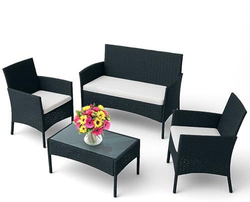 EconoHome 4-Piece Outdoor Patio Furniture Set - Patio Set with 2 Rattan Chairs, 1 Loveseat & 1 Glass -Top Coffee Table - Weather-Proof Wicker with Cushions - Conversation Set for Porch, Balcony, Lawn