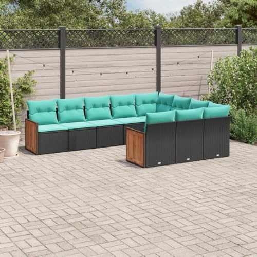 QJBSAVVA 10-teiliges Gartensofa-Set Schwarz Polyrattan 62 x 62 x 69 cm UV-beständig mit blauen Sitzpolstern und modularem Design Outdoor Lounge für Garten Terrasse Balkon