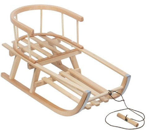 Green Blue GB159 Klassischer Holzschlitten Mit Abnehmbarer Rückenlehne, Dreifachsitz, Metallkufen Und Ziehseil – Robuster Kinder Rodel Für Winterspaß Bis 100 Kg