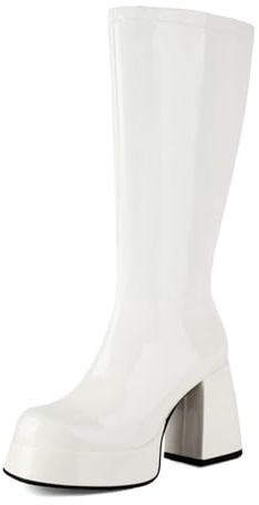 Wtharosa Stivali Platforma Donna Retro Pelle Scamosciata al Ginocchio Tacco Basso Chiusura Laterale 70s Vintage Influencer Moda Street Style,Bianca,46 EU