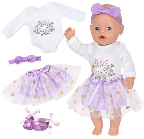 4 Stück Puppenkleidung für 35-43 cm Newborn Baby Puppen, Lila Puppenkleidung Osterhasen Overall Lila Tüllrock Kronen-Pailletten Stirnband Schuhe für 14-17 Zoll Babypuppen, Geschenke für Kinder
