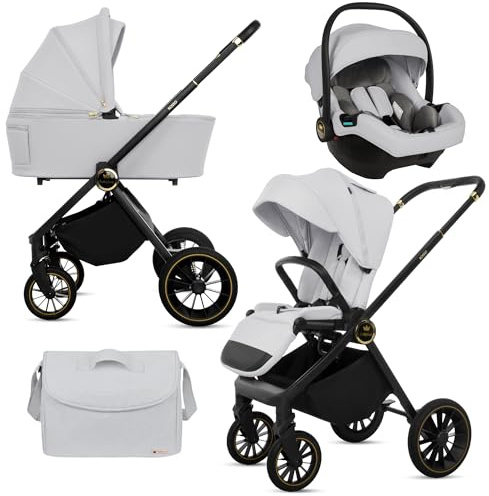 BabyLux® Kinderwagen 3in1 Set ROSSO, Faltbar Leicht Kombikinderwagen Set incl. Babywanne, Buggy Sportsitz, Babyschale i-Size, Wickeltasche und mehr Zubehör, 4 Liegepositionen, 0-22kg, UV Schutz 50+