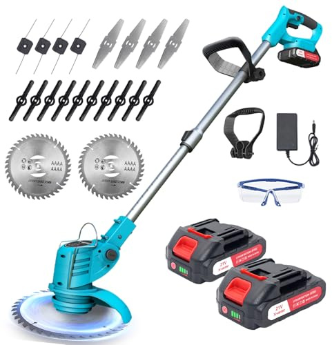 Decespugliatore a Batteria 200W, Tagliaerba Elettrico a Batteria con 2 x21V Batterie, Tagliabordi Batterias con 4 Tipi di Lame, Tagliaerba da Giardino Elettrico, Maniglia a Scomparsa 71-106 cm