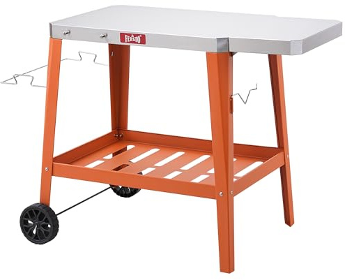 Feasto 2-Tier Grill Dining Cart with Folding Side Table, Orange, 70 x 50 cm | BBQ Movable Food Prep Table with Stainless Steel Tabletop, Serving Cart for Indoor and Outdoor Use