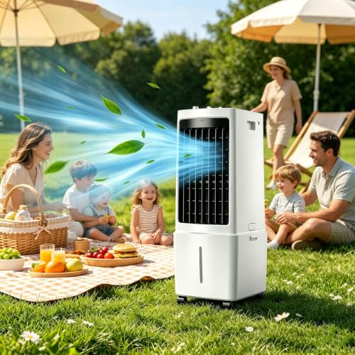 12L Portable Air Conditioner, 3 IN 1 Evaporative Air Cooler Fan with Remote & LED Display, 3 Speeds, 4 Modes, Tank, 2Ice Packs, 7.5H Timer for Home Bedroom Office