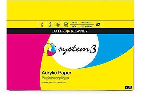 Daler-Rowney System3 Acrylic Paper, Linen Texture, 230 gsm, 140lb, Pad, Glued 1 Side, A2 - approx. 16.5 x 23.4in - 42 x 59.4 cm, White, 20 Sheets