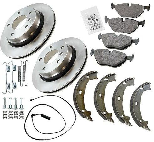 BESTPRICE Bremsenset Hinterachse inkl. Bremsscheiben Ø 160 mm Belüftet + Bremsbeläge hinten und Bremsbacken hinten + Verschleißkontakt, Kompatibel mit BMW 3er (E46) Cabrio Compact Coupe Touring