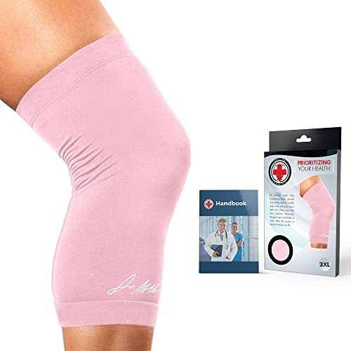 Von Ärzten Entworfen, Knie Bandage Damen und Männer, Kniebandagen bei Arthrose, Sehnenscheidenentzündung, Kniebandage Kraftsport und Sport zur Unterstützung bei Verletzungen, Einzelstück, Pink, 3XL