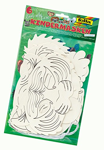 folia 23269 - Kindermasken Exotische Tiere, aus Pappe, Motive sortiert, zum selbst Bemalen und Gestalten, 6 Stück, weiß, für Kinder, Jungen und Mädchen, ideal für Kindergeburtstage und Partys