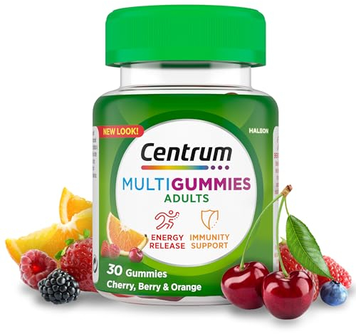 Centrum MultiGummies, Gummy Multivitamins for Adults with Cherry, Berry & Orange Natural Fruit Flavouring, Includes essential vitamins D, B12 & C, 30 ct