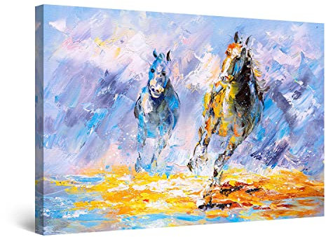 Startonight Bilder Abstrakt Pferde Blau und Orange, Leinwandbilder Moderne Kunst, Tiere Wanddeko Kunstdrucke, Wandbilder XXL Wohnzimmer Groß Wand Bild 80 x 120 cm, Tag Nacht Elegante Geschenkidee