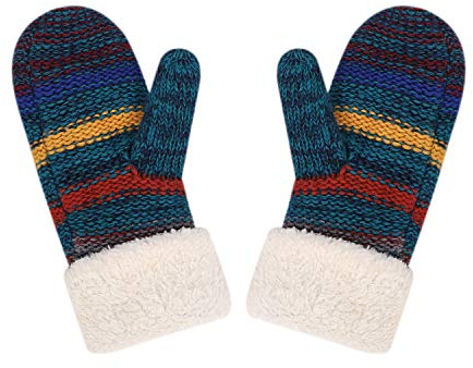 ITODA Handschuhe Damen Fausthandschuhe Winter Fäustlinge Strickhandschuhe Mädchen Thermohandschuhe Plüschfutter Winterhandschuhe Gestreifte Outdoorhandschuhe Gestrickte Skihandschuhe für Outdoor