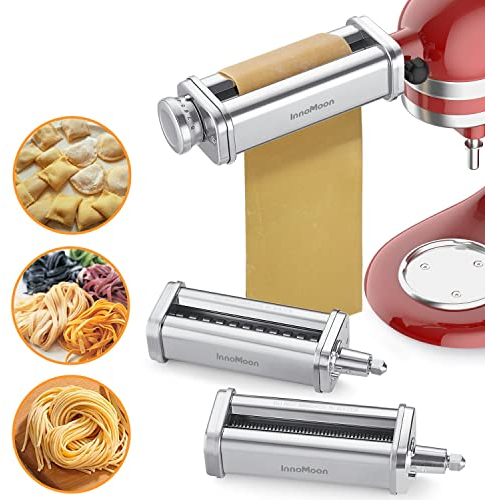 InnoMoon Pasta Attachment for KitchenAid Stand Mixer, 3 Piece Pasta Rollar & Cutter Set Included Pasta Sheet Roller, Spaghetti and Fettuccine Cutter, Stainless Steel for Kitchenaid Pasta Attachment