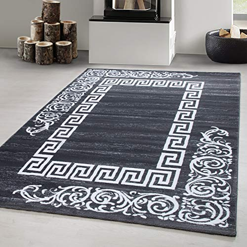 Carpetsale24 Kurzflor Teppich 80x150 cm, Modern Mäander Design in Grau Weiß, Pflegeleicht, ideal für Flur, Küche oder kleine Räume