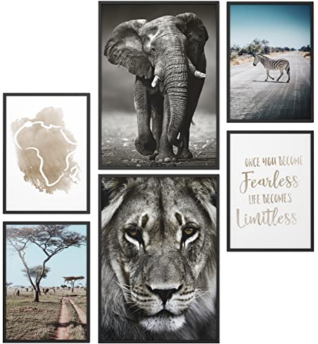Papierschmiede® Mood Poster Set Afrika, Bilder Wohnzimmer Deko Schlafzimmer, 2x DIN A4 und 4x DIN A5, Safari Löwe Elefant Tiere Savanne - ohne Rahmen