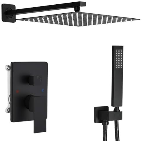 JingGang Kit de douche carré avec pommeau de douche et robinet de douche à main Noir mat 25,4 cm
