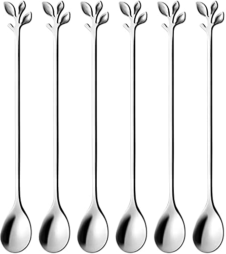 Juego de 6 cucharas de helado con mango largo de 18,8 cm, cucharas de helado creativas de hoja de plata, cucharas de cóctel de acero inoxidable de calidad alimentaria