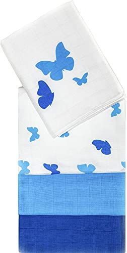 Mulltücher/Mullwindeln/Spucktücher / 4er Pack, 80x80cm, Schmetterlinge Blau, schadstoffgeprüft Öko-Tex Standard 100, 100% Baumwolle, doppelt gewebt, Premium Qualität