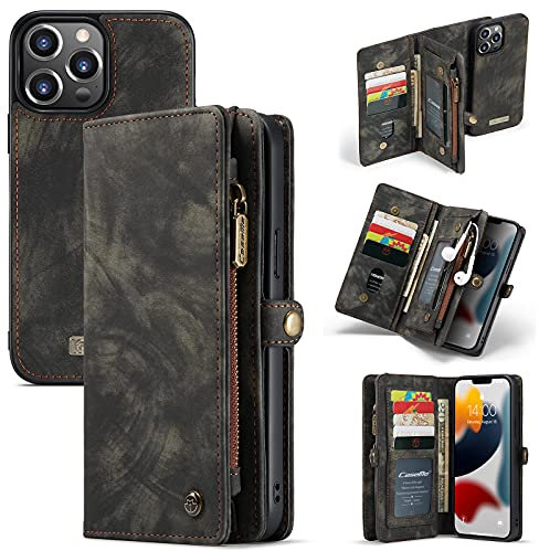 caseme Leather Flip Wallet Case for iPhone 13 Pro Max,Detachable Back Magnetic Closure 2-in-1 Shockproof Zipper Purse Cover with Card Slots (13 Pro Max, Black)