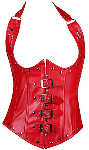 Jutrisujo Korsage Kunstleder Unterbrust Korsett Steampunk Leder Corsage Reissverschluss Halbbrust Corset Stahlstäbchen Rot M