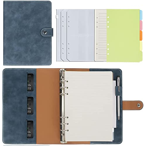 FYY A5 Binder Notizbuch,6 Ringe PU Leder Loseblatt Notizbuch mit A5 Papier,6 Runder Ringbuch Planner Notebook,Travel Tagebuch Notiz Skizzenbuch fürFüllpapier (Blau-Linie)