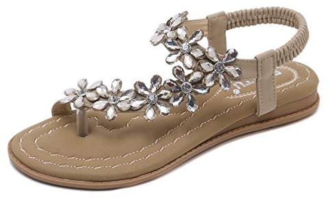 ZOEREA Womens Flat Sandals Summer Rhinestones Flower Beach Flip Flops Ladies Thongs Elastic T-Strap Bohemian Shoes Fit Casual Vacation B-Beige,5 UK