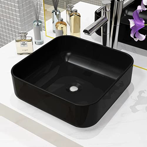 WIFESE Lavandino Quadrato in Ceramica Nero Lavabo Bagno Lavabo Lavanderia Lavabo Da Esterno Lavabo Bagno Da Appoggio Lavabo Da Appoggio Lavatoio Ceramica Lavandino Bagno Da Appoggio 38x38x13,5 cm