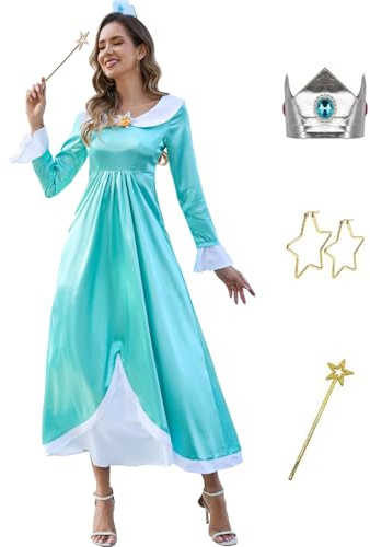 PAINEOMN Robe de princesse pour femme - Costume de princesse d'Halloween - Couronne - Boucles d'oreilles et gants - Costume adulte, Rosalina 1, X-Large