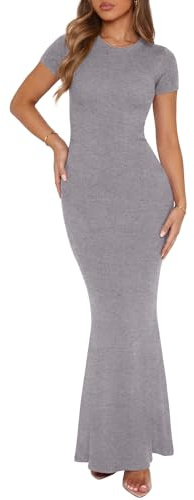 REORIA Damen Sommer Casual Lounge Langes Kleid Elegant Kurzarm Rundhalsausschnitt Figurbetontes Maxikleid