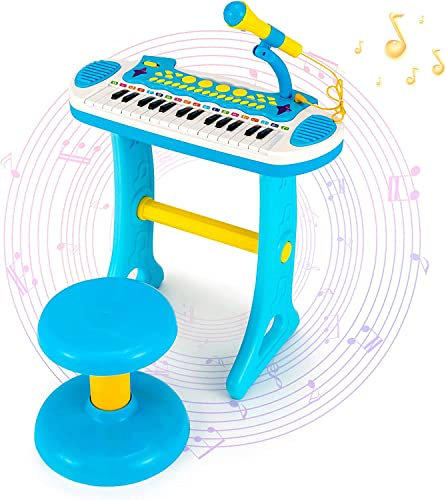 31-Key Kids Piano Keyboard Toy, Toddler Electronic Musical Instrument Educational Toy w/Microphone, Multiple Sounds, Record Playback, Lights & Stool, Birthday Gift for Girls Boys Age 3+ (Blue)