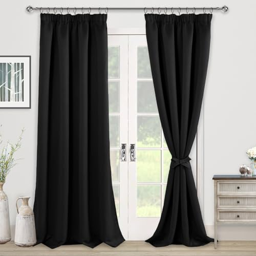 JIUZHEN Vorhänge mit Kräuselband Gardinen Wohnzimmer Verdunklungsvorhänge Vorhang Blickdicht Vorhänge Schlafzimmer Thermovorhang Schwarz,H260 x B140 cm,2er Set