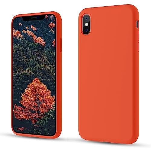 CALOOP Slim-Fit for iPhone X Case,iPhone XS Case,Skin Soft Liquid Silicone,Sturdy Shockproof Hard Frame Cover with Anti-Scratch Microfiber Lining,Robust Full Protection for Screen(Orange)