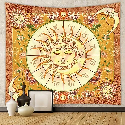Wandteppich Goldene Sonne Und Blumen Wandtuch Aesthetic,Wanddeko Für Schlafzimmer Wohnzimmer Wohnheim,Polyesterfaser Dekorativer Wandbehang,Mehrzweck - Wandtuch（100X150)