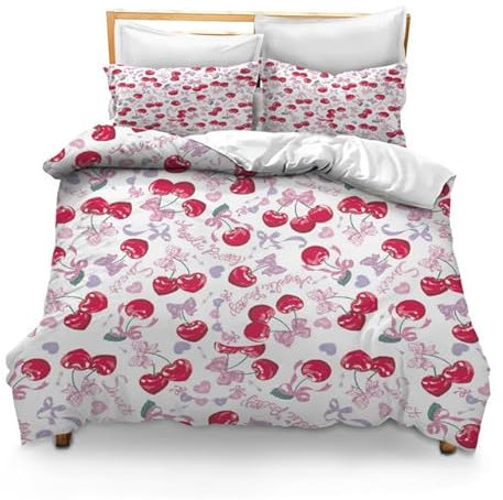 Horienteeon Süßes Kirsch-Bettwäsche-Set, rosa Schleife und Kirschmuster, gedruckt auf Weiß, weiche Mikrofaser, Bettwäsche-Set, Mädchenzimmer, 3-teilig (Queen-Size)