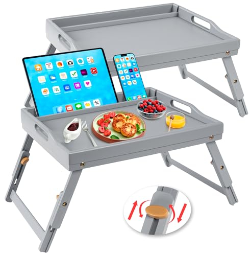 Greenual Confezione da 2 vassoi da letto con manici e gambe pieghevoli, vassoio in bambù per la colazione con slot multimediale, da utilizzare come piatto, scrivania per laptop, snack, vassoio TV da