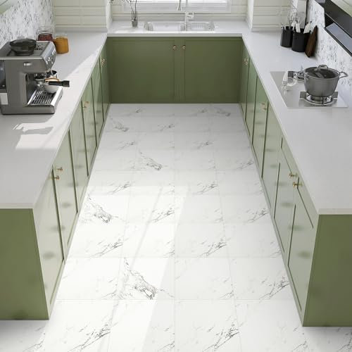 Elffloor Floor Tiles Self Adhesive Vinyl Flooring, Peel and Stick Floor Tiles, Bathroom Waterproof Stick on Kitchen Living Room Marble Effect White 30x30cm 10pcs 1mm